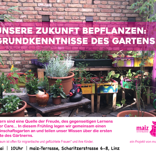 Flyer mit Informationen über Aktivität im Garten mit ein Hintergrund von eine Terrasse mit Töpfe